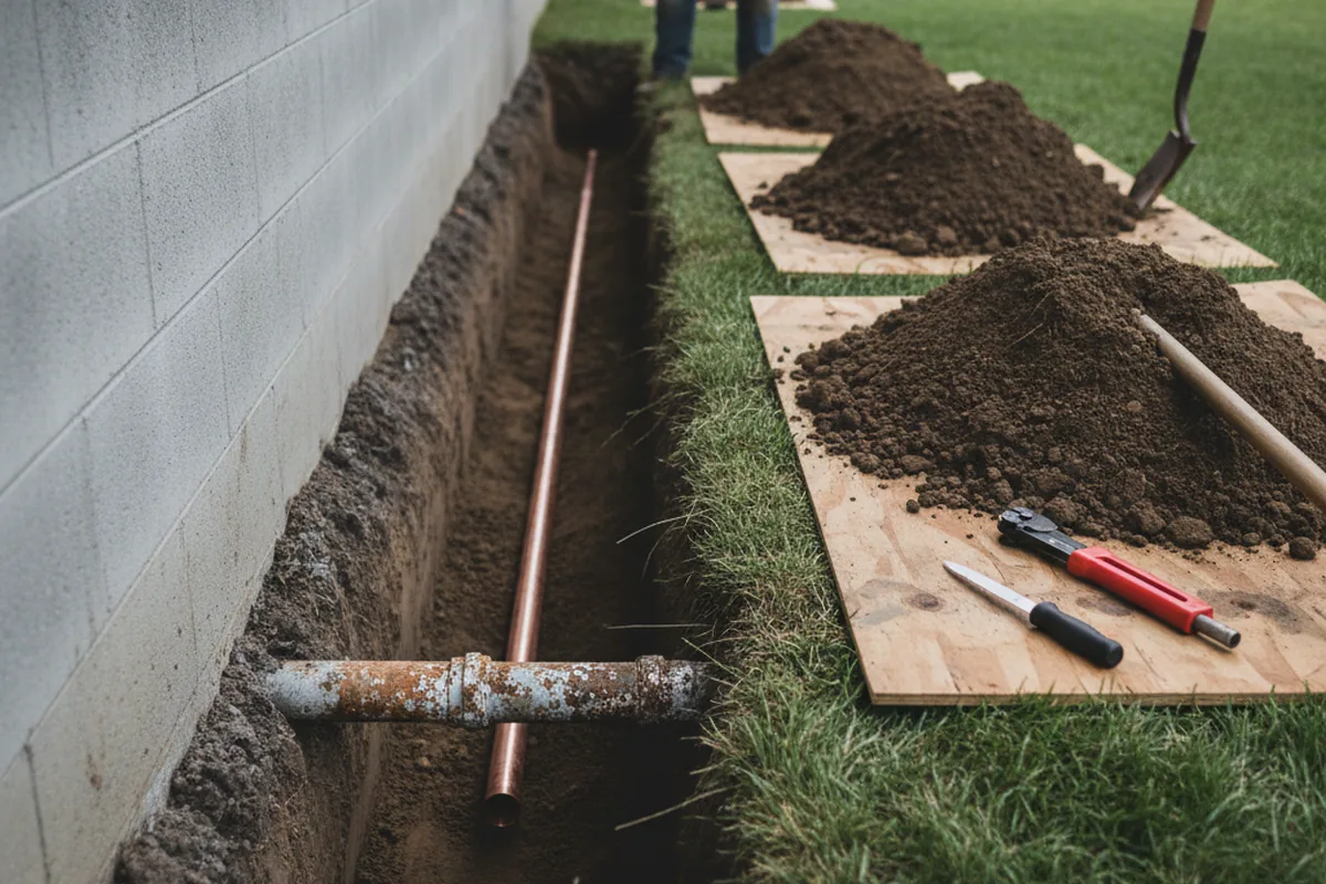 Excavated water line trench during Sewer Line Repair in Lake Peekskill